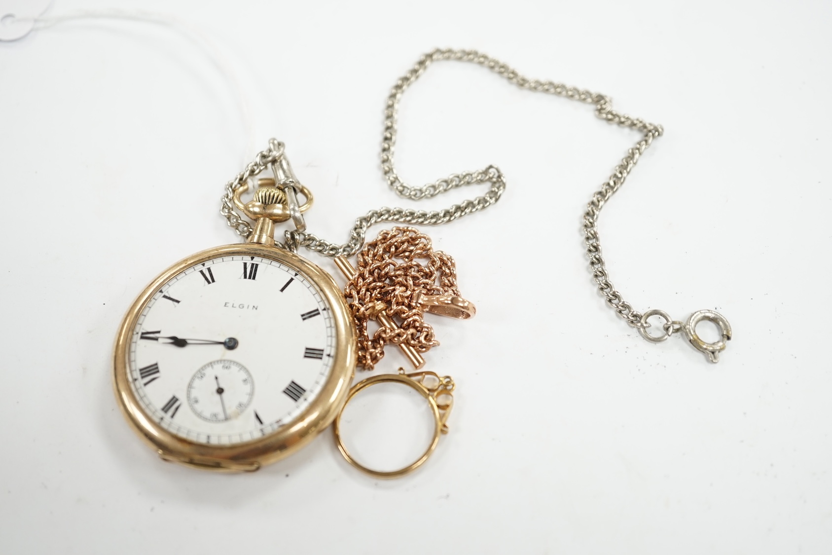 A 9ct gold albert, 21.7cm, 9.4 grams, together with an Elgin gold plated open face pocket watch with a white metal chain, a 9ct T-bar and a 9ct gold pendant mount. Condition - poor to fair